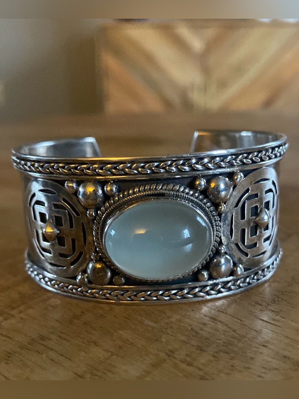 Vintage Signed PTI Sterling Silver & Blue Chalcedony Nepal Cuff Bracelet